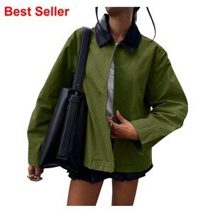 Lightweight Utility Jacket with PU Leather Collar, Zip Up, Pockets, Regular Fit